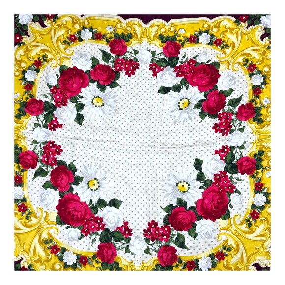 Ratti Italian Floral Silk Scarf 33.5" Red Roses & Gold Baroque Design Italy VTG - Picture 4 of 8